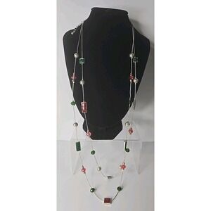 Silver-tone Beaded Christmas Necklace with red and green accents